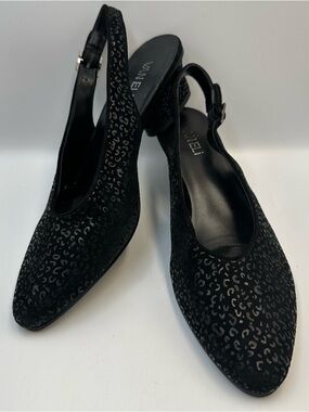 Vaneli Women 9.5N Kandis Slingback Black Pump Leopard Print Suede Cushion Buckle